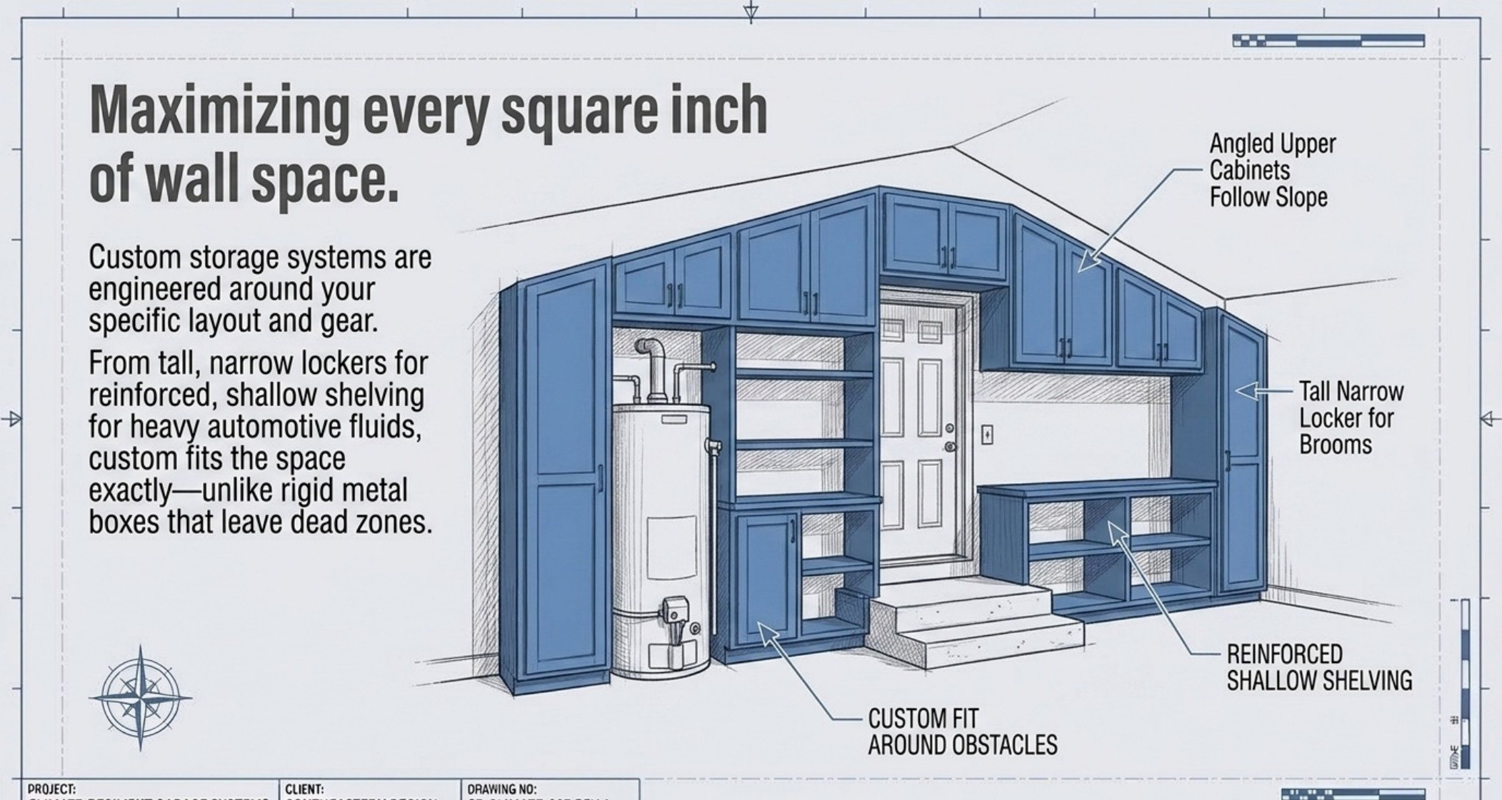 Maximizing every square inch of wall space slide showing angled upper cabinets following the slope, a tall narrow locker for brooms, reinforced shallow shelving and custom fit around obstacles