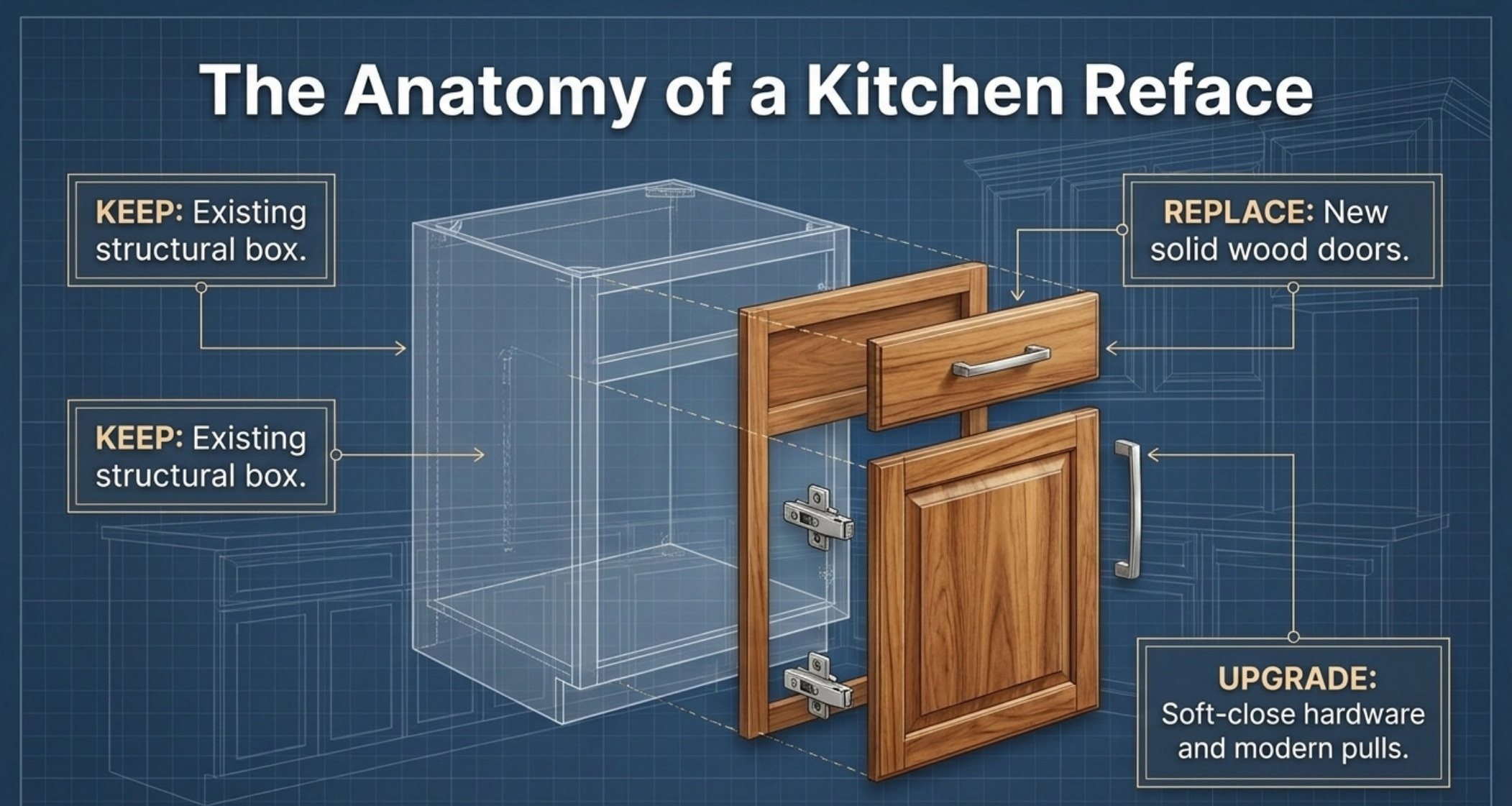 The anatomy of a kitchen reface slide showing which structural boxes are kept and which doors, hardware and drawers are replaced