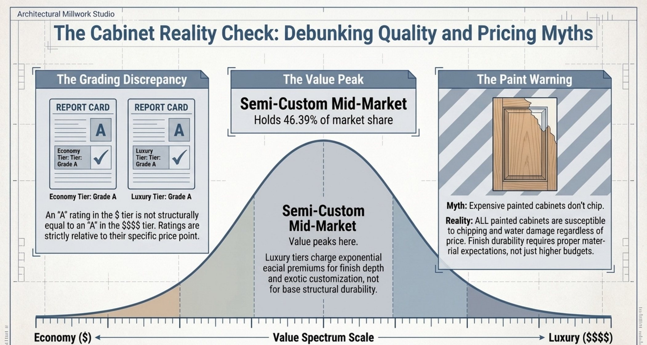 The cabinet reality check slide showing the grading discrepancy between economy and luxury report cards, the semi-custom mid-market value peak and the paint warning